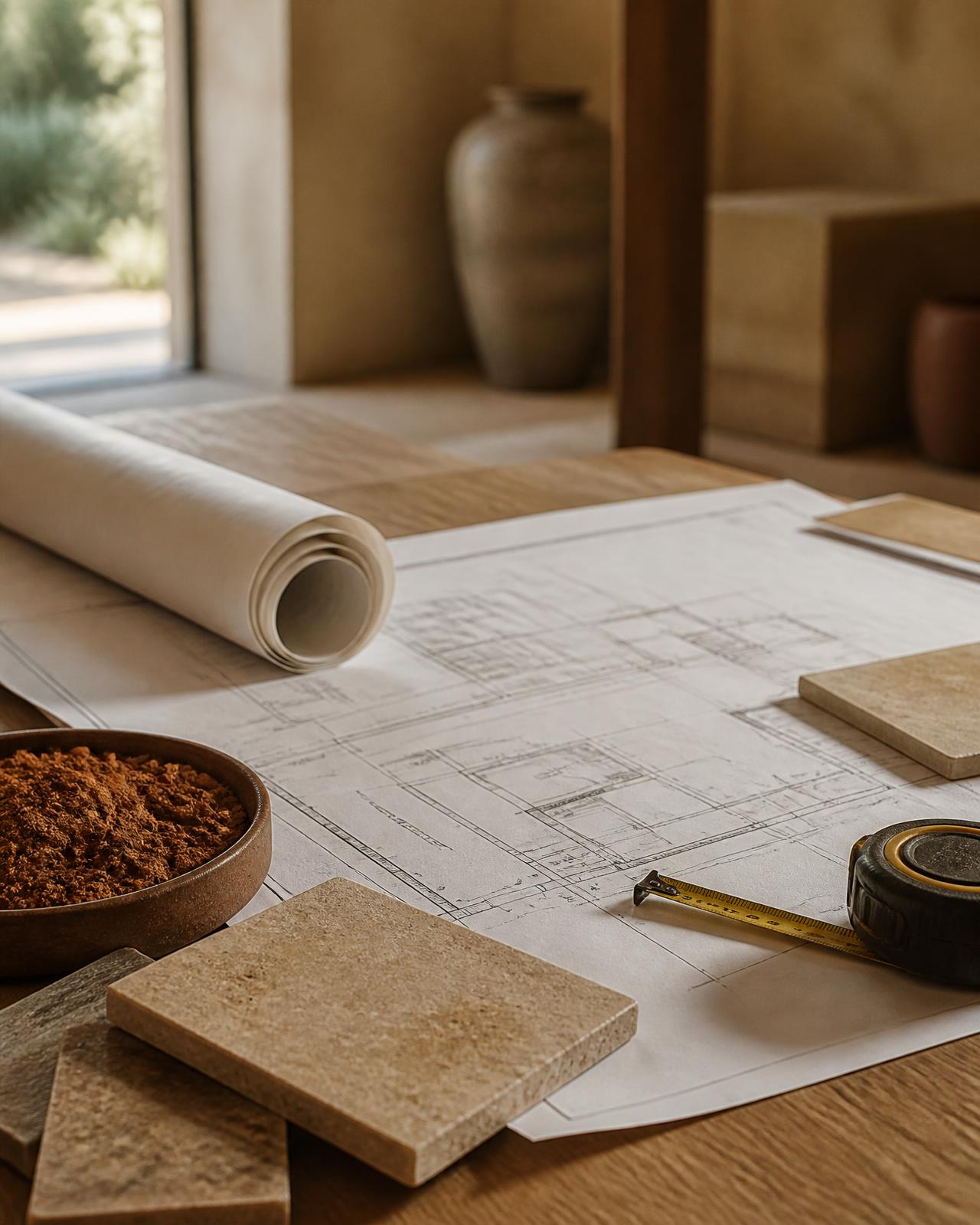 Projeto arquitetônico, amostras de materiais e ferramentas de medição sobre a mesa